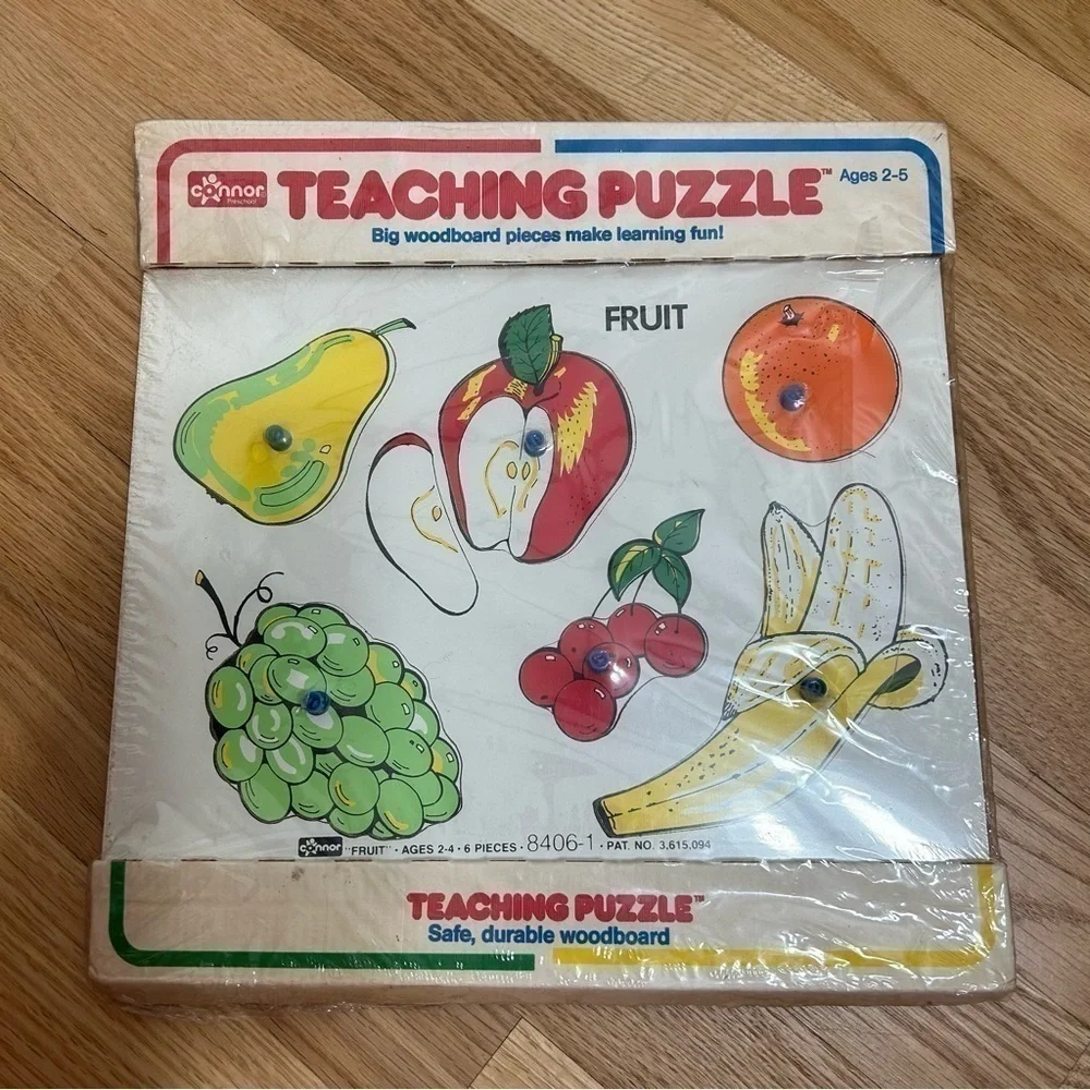 Vintage Learning Puzzle NEW Fruit Teaching Wooden Peg Pieces Baby